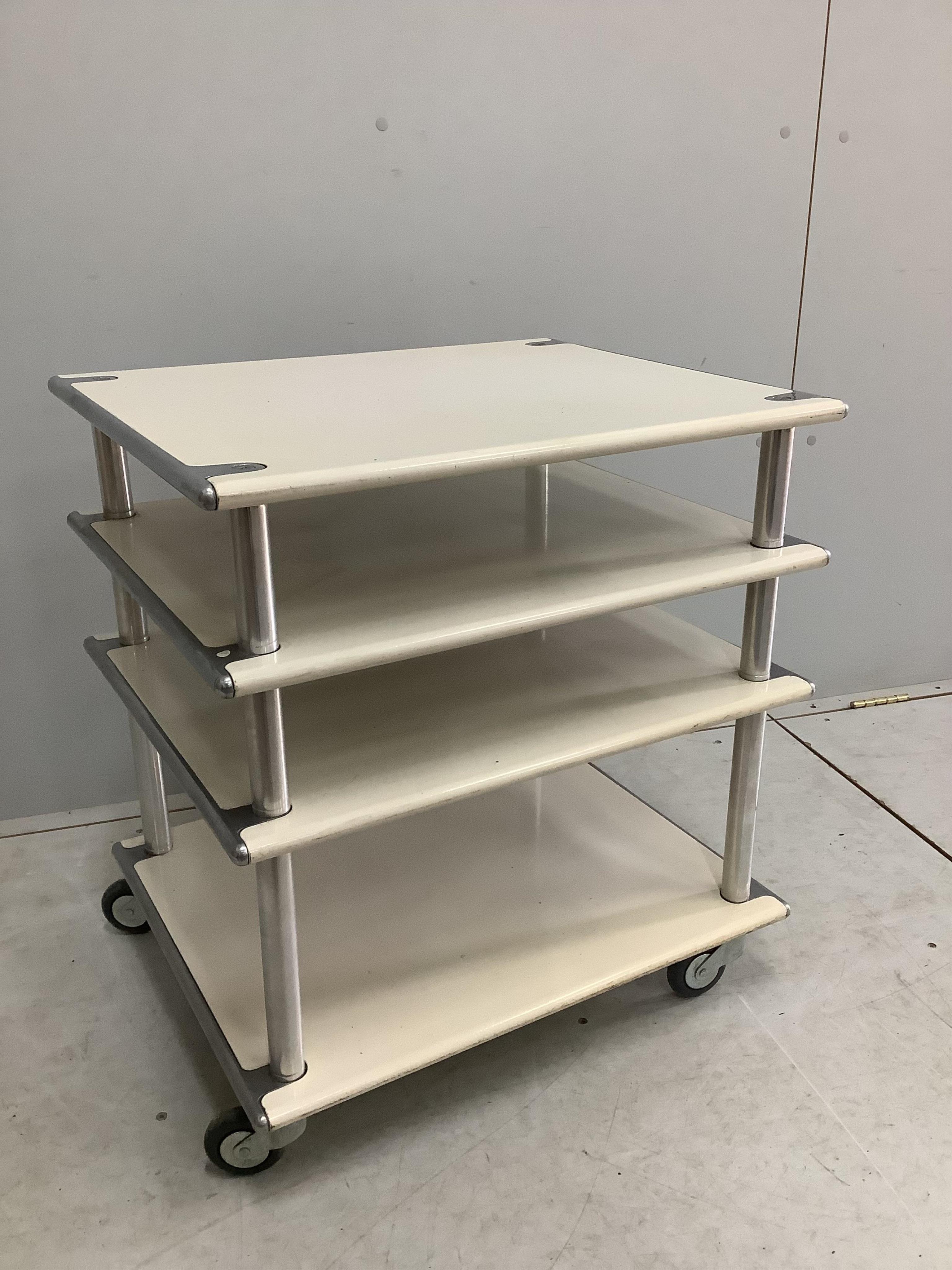 A mid century metal and aluminium four tier bar cart, width 49cm, depth 66cm, height 60cm. Condition - fair